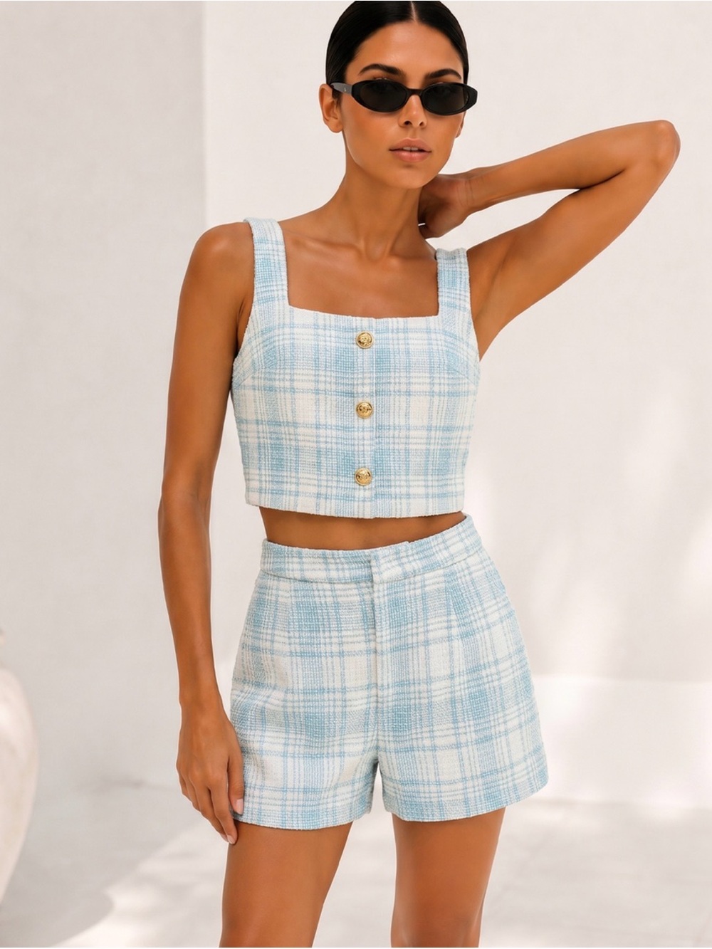 Commense Aqua Plaid Tweed Two Piece Shorts Set